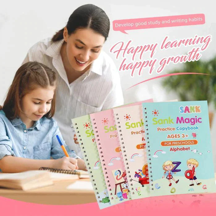 Magic Reusable Practice Copybook For Kid (4 Books + FREE 10 Magic Refills + Pen Holder)