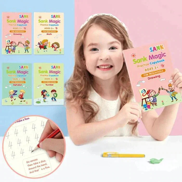 Magic Reusable Practice Copybook For Kid (4 Books + FREE 10 Magic Refills + Pen Holder)