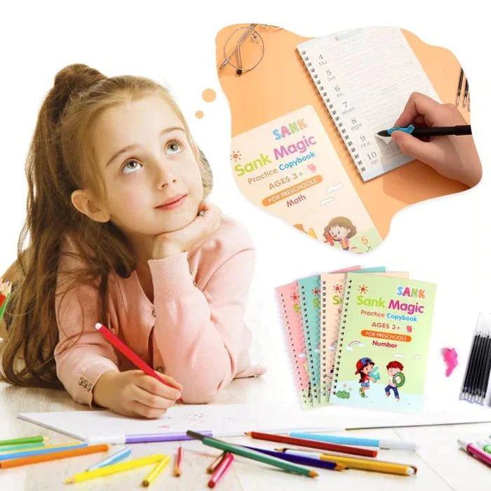 Magic Reusable Practice Copybook For Kid (4 Books + FREE 10 Magic Refills + Pen Holder)